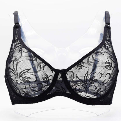 Plus size black lace underwired bra for women with floral design.